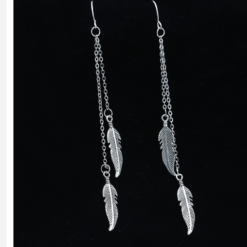 NEW Silver Feather Leaves Leaf Long Dangle Earring - Picture 3 of 4